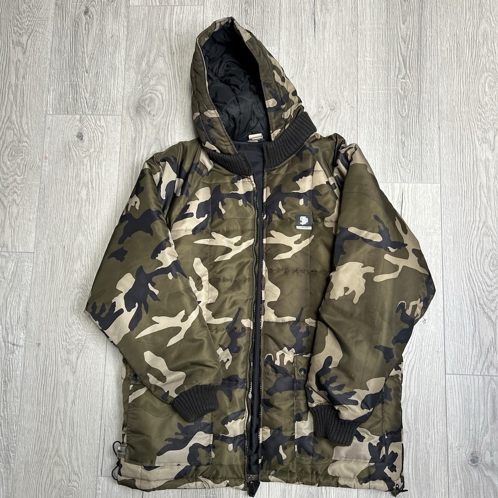 Vintage Y2K State Property Puffer Jacket Mens Green Hooded Camo Size L Rocawear